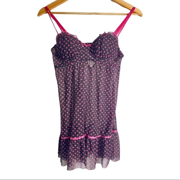 Barbie Per Lei Vintage Y2K Heart Print Black Pink Sheer Lingerie Babydoll Teddy - Picture 2 of 6